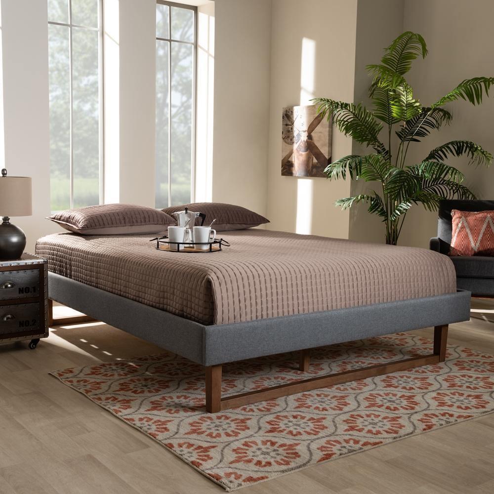 Liliya Mid-Century Modern Dark Grey Fabric Upholstered Walnut Brown Finished Wood Full Size Platform Bed Frame FredCo