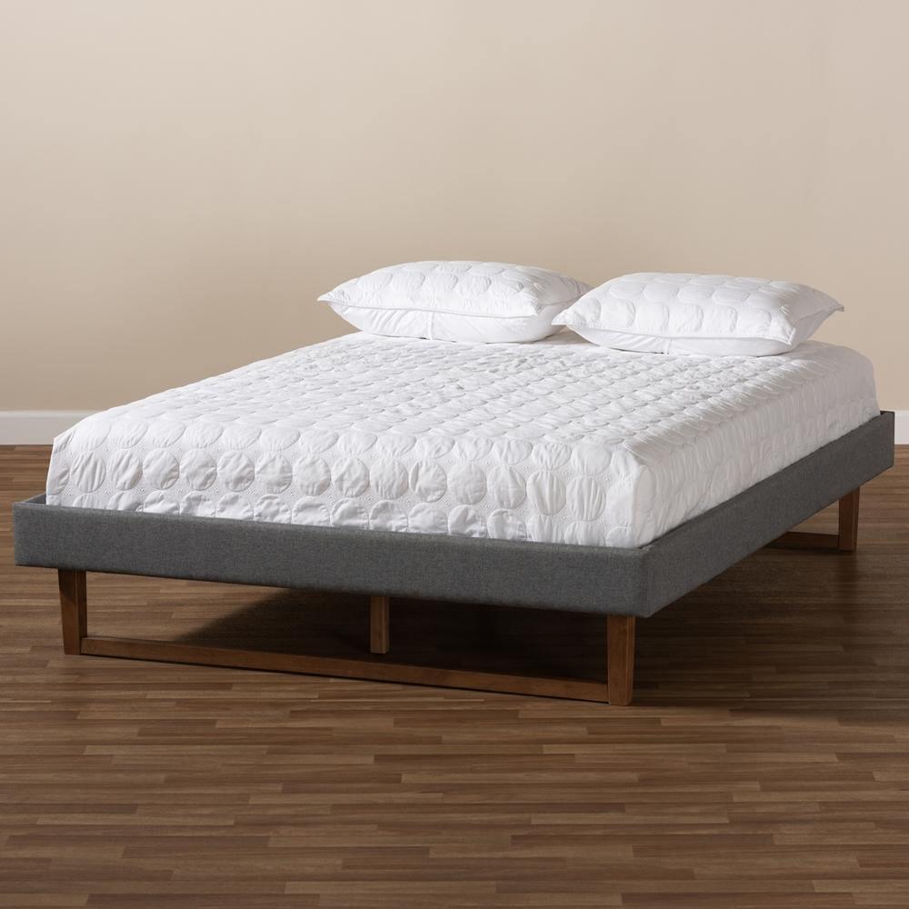 Liliya Mid-Century Modern Dark Grey Fabric Upholstered Walnut Brown Finished Wood Full Size Platform Bed Frame FredCo