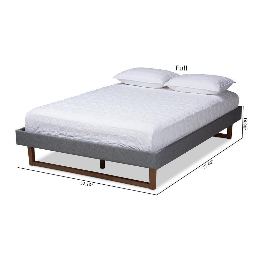 Liliya Mid-Century Modern Dark Grey Fabric Upholstered Walnut Brown Finished Wood Full Size Platform Bed Frame FredCo