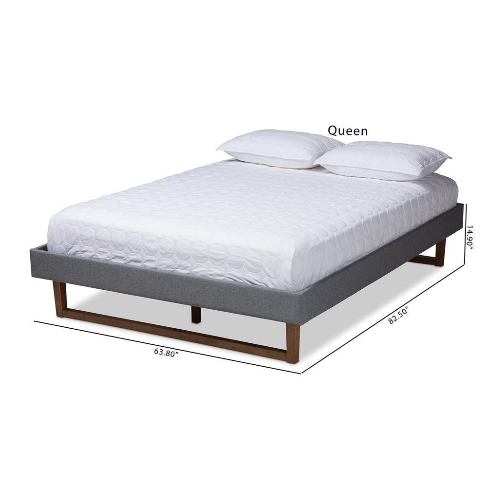 Liliya Mid-Century Modern Dark Grey Fabric Upholstered Walnut Brown Finished Wood Queen Size Platform Bed Frame FredCo