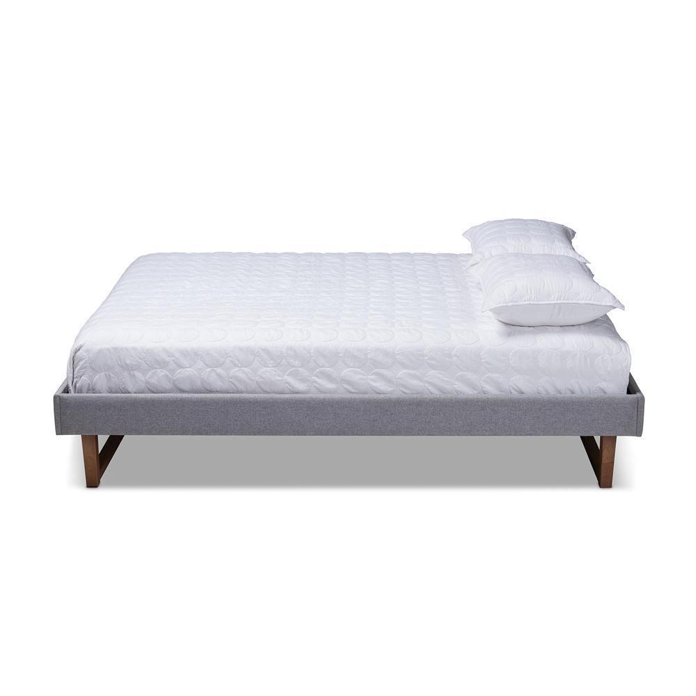Liliya Mid-Century Modern Light Grey Fabric Upholstered Walnut Brown Finished Wood Full Size Platform Bed Frame FredCo