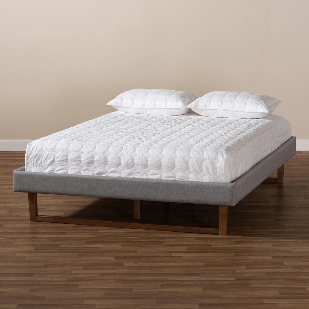 Liliya Mid-Century Modern Light Grey Fabric Upholstered Walnut Brown Finished Wood King Size Platform Bed Frame FredCo