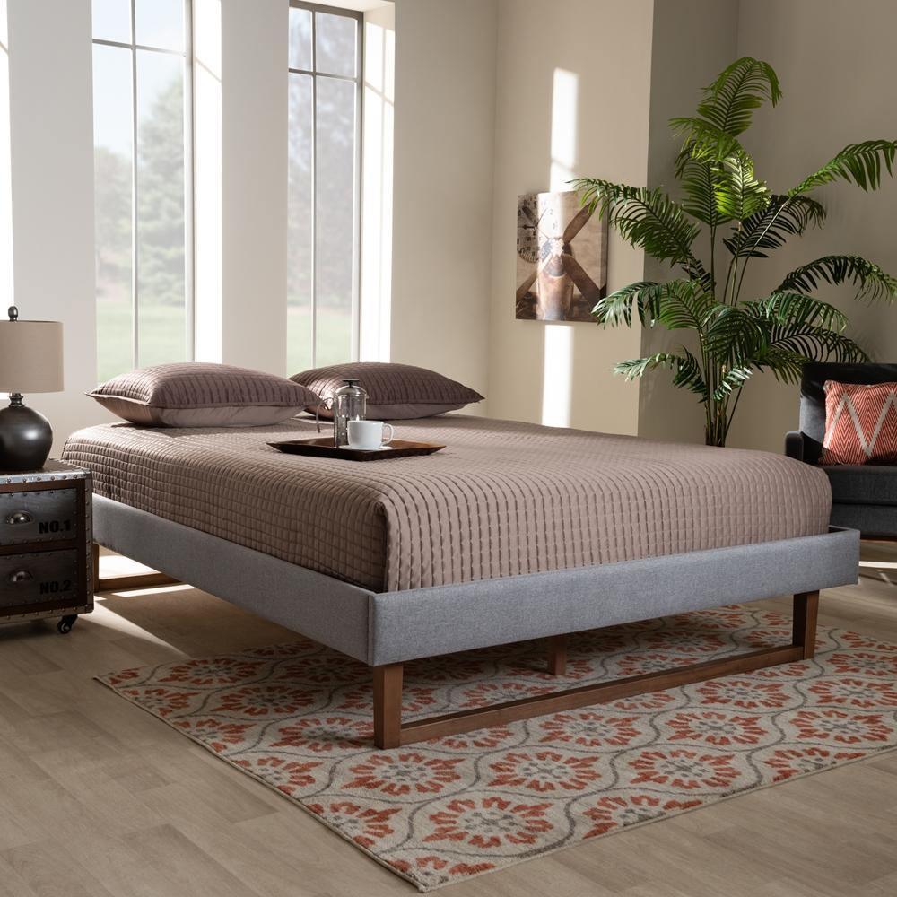Liliya Mid-Century Modern Light Grey Fabric Upholstered Walnut Brown Finished Wood Queen Size Platform Bed Frame FredCo