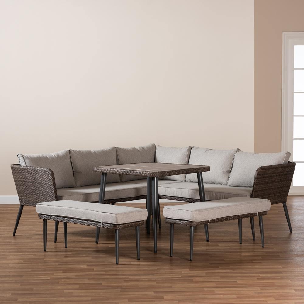 Lillian Modern and Contemporary Light Grey Upholstered and Brown Finished 5-Piece Woven Rattan Outdoor Patio Set FredCo