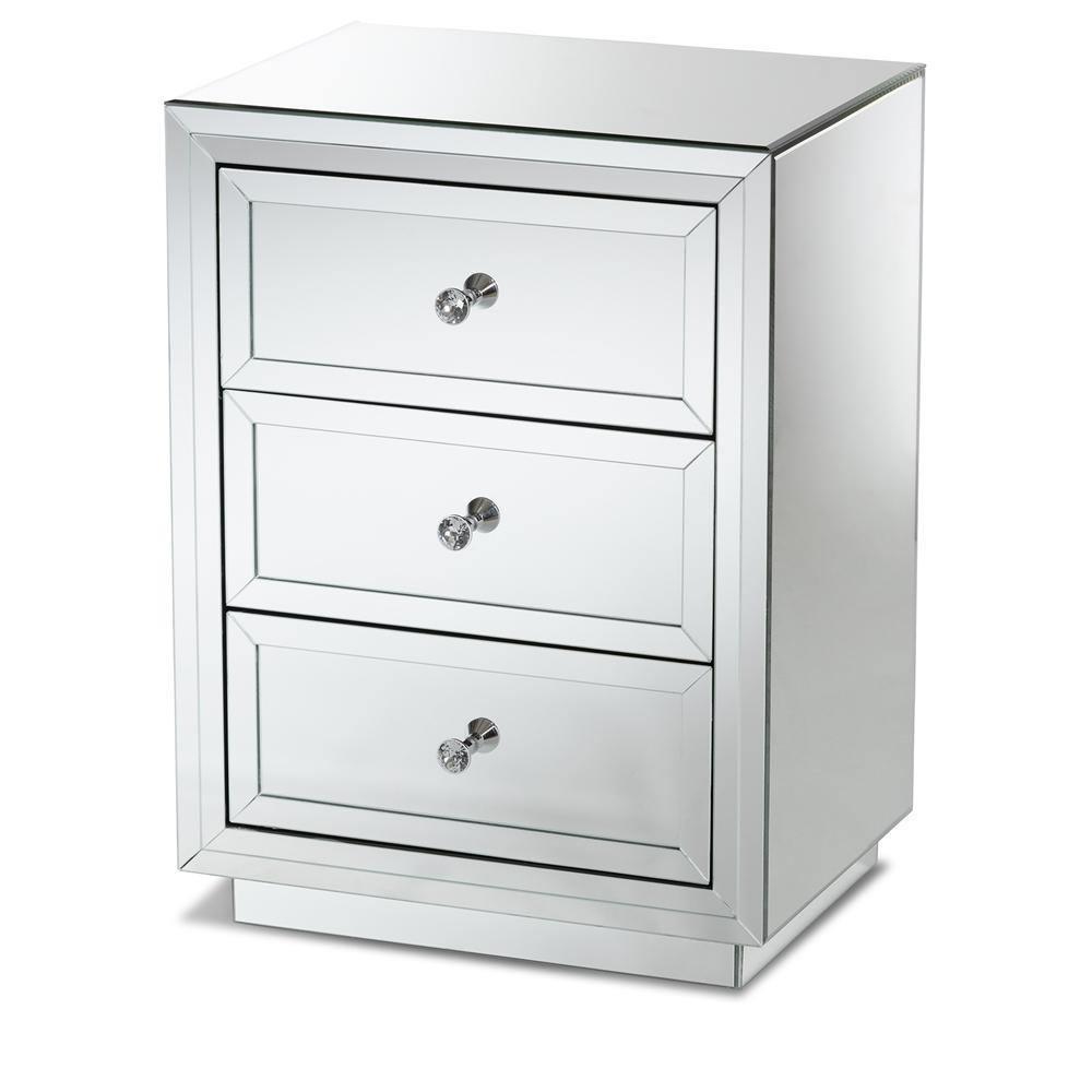 Lina Modern and Contemporary Hollywood Regency Glamour Style Mirrored Three Drawer Nightstand Bedside Table FredCo