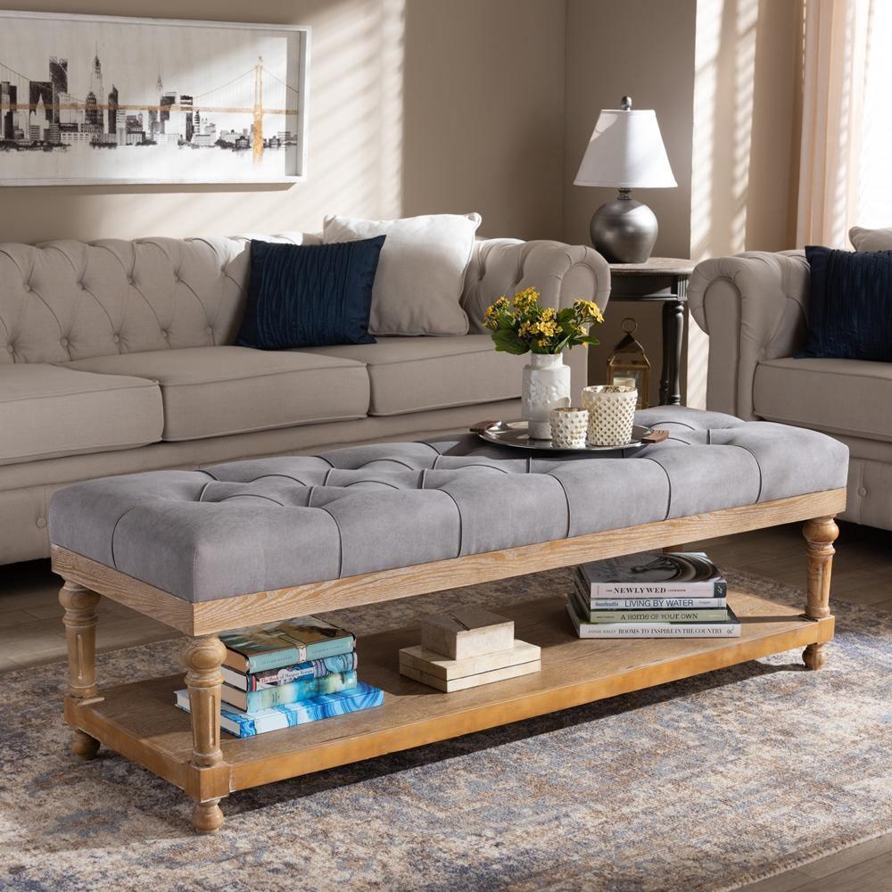 Linda Modern and Rustic Grey Linen Fabric Upholstered and Greywashed Wood Storage Bench FredCo