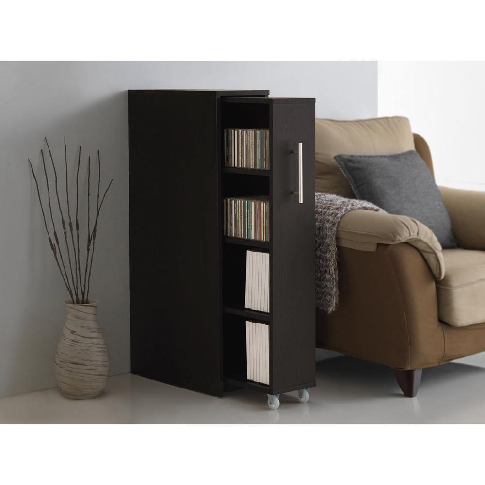 Lindo Dark Brown Wood Bookcase with One Pulled-out Door Shelving Cabinet FredCo