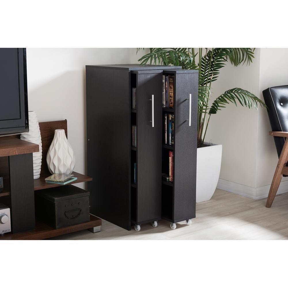 Lindo Dark Brown Wood Bookcase with Two Pulled-out Doors Shelving Cabinet FredCo