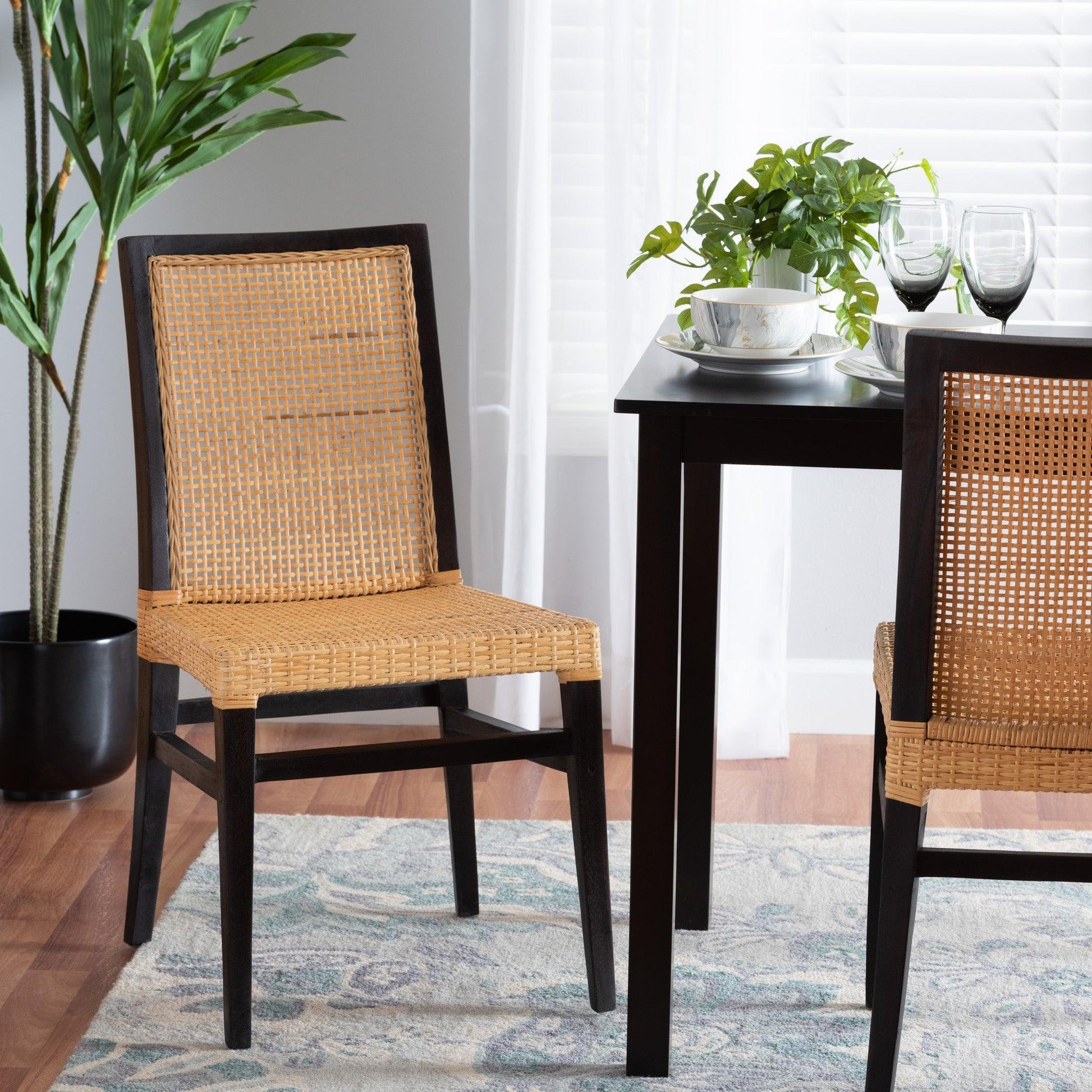 Lingga Modern Bohemian Dark Brown Mahogany Wood and Natural Rattan Dining Chair FredCo