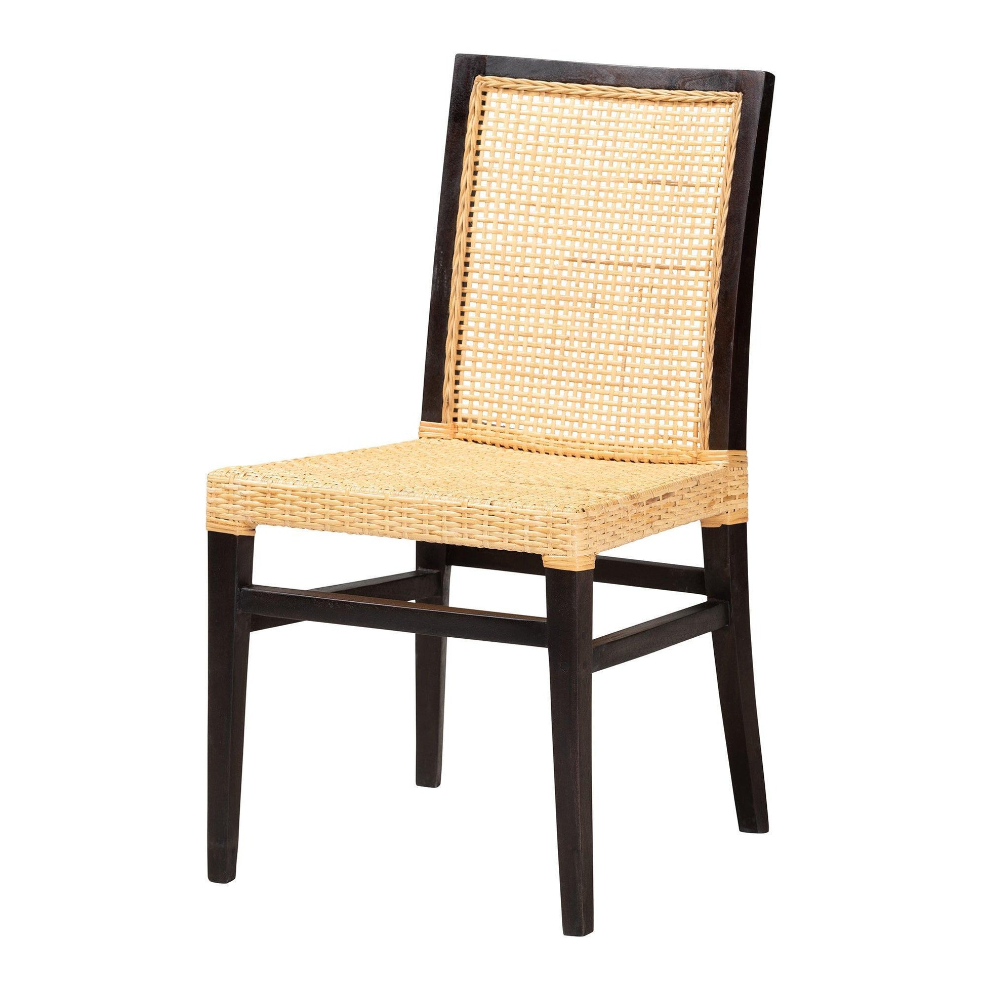 Lingga Modern Bohemian Dark Brown Mahogany Wood and Natural Rattan Dining Chair FredCo