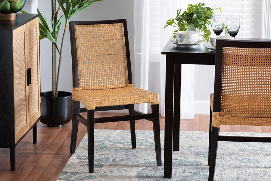 Lingga Modern Bohemian Dark Brown Mahogany Wood and Natural Rattan Dining Chair FredCo