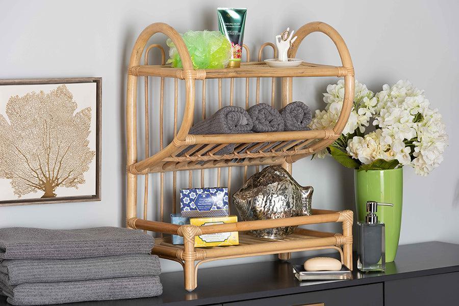 Liora Modern Bohemian Natural Brown Finished Rattan 2-Tier Display Shelf FredCo
