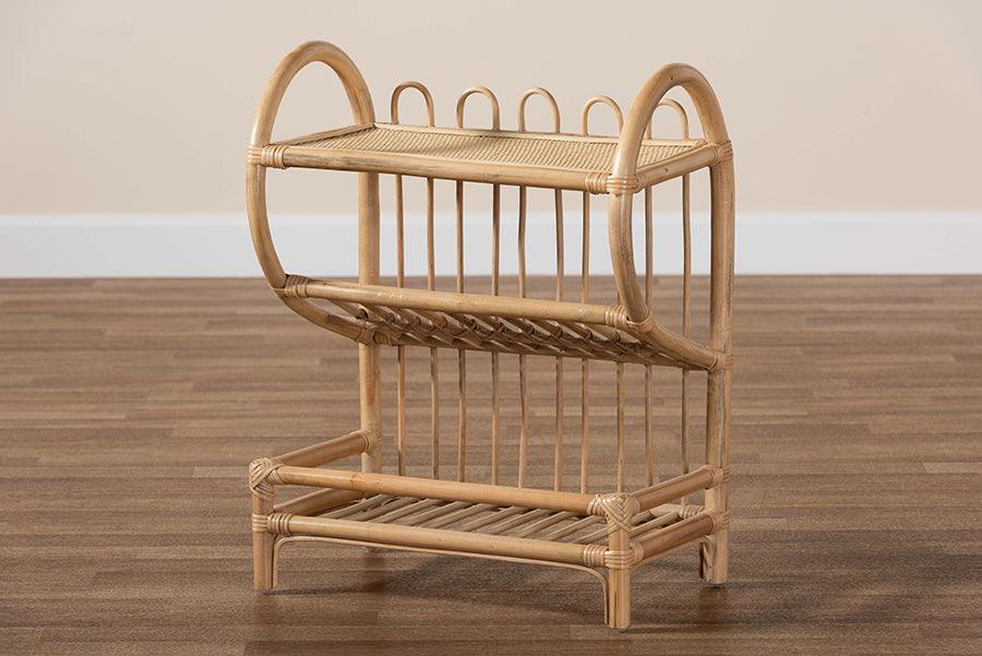 Liora Modern Bohemian Natural Brown Finished Rattan 2-Tier Display Shelf FredCo