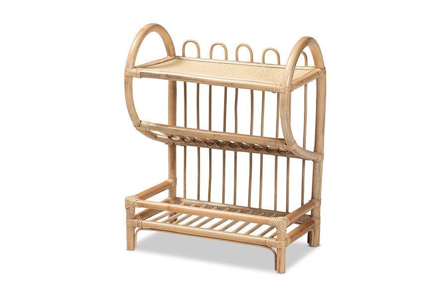 Liora Modern Bohemian Natural Brown Finished Rattan 2-Tier Display Shelf FredCo