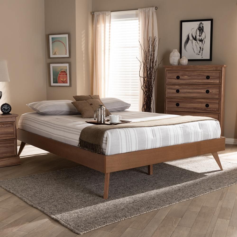 Lissette Mid-Century Modern Walnut Brown Finished Wood Queen Size Platform Bed Frame FredCo