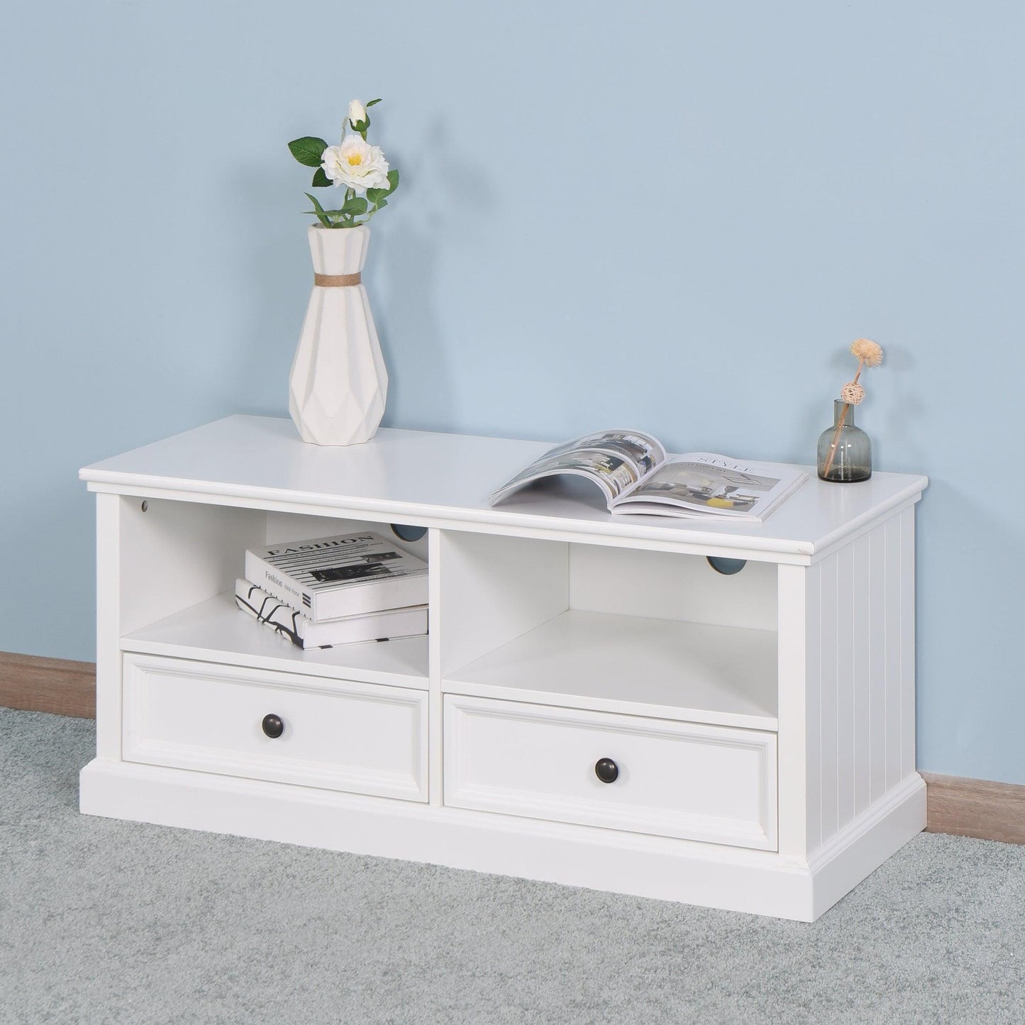 Living Room Wooden White TV Cabinet with 2 Drawers FredCo