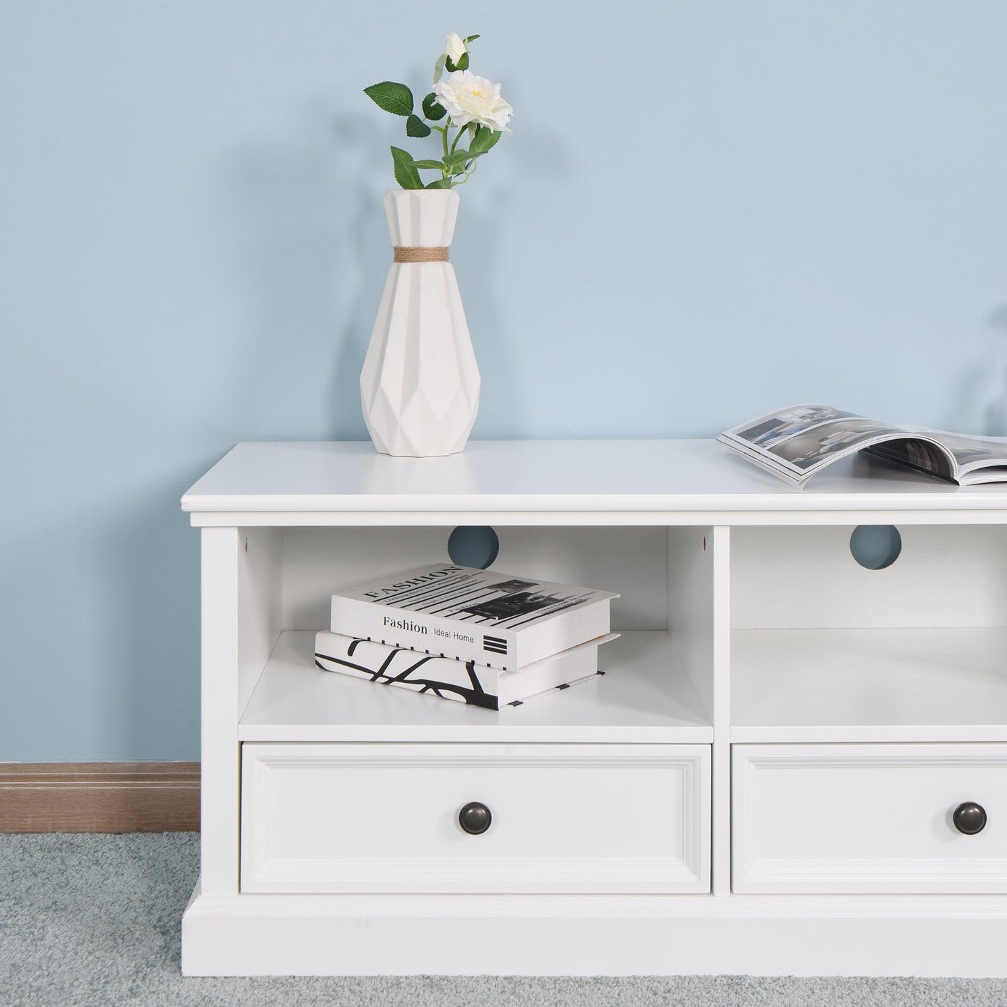 Living Room Wooden White TV Cabinet with 2 Drawers FredCo