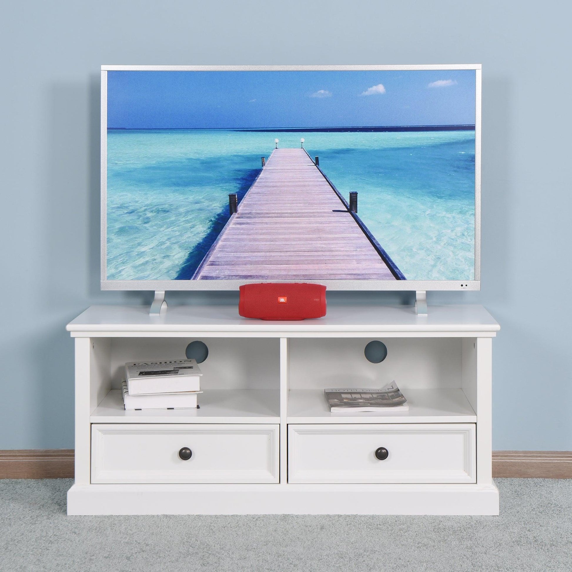 Living Room Wooden White TV Cabinet with 2 Drawers FredCo
