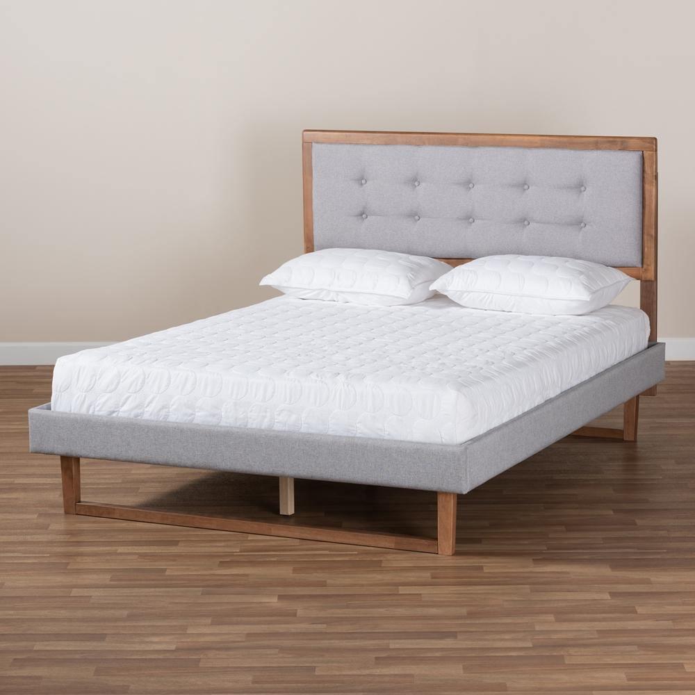 Livinia Modern Transitional Light Grey Fabric Upholstered and Ash Walnut Brown Finished Wood Queen Size Platform Bed FredCo