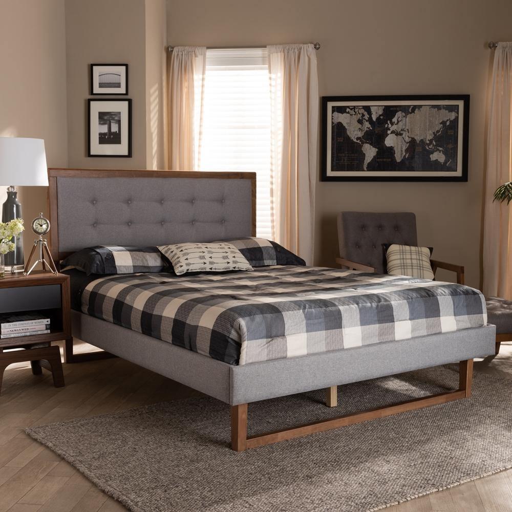 Livinia Modern Transitional Light Grey Fabric Upholstered and Ash Walnut Brown Finished Wood Queen Size Platform Bed FredCo