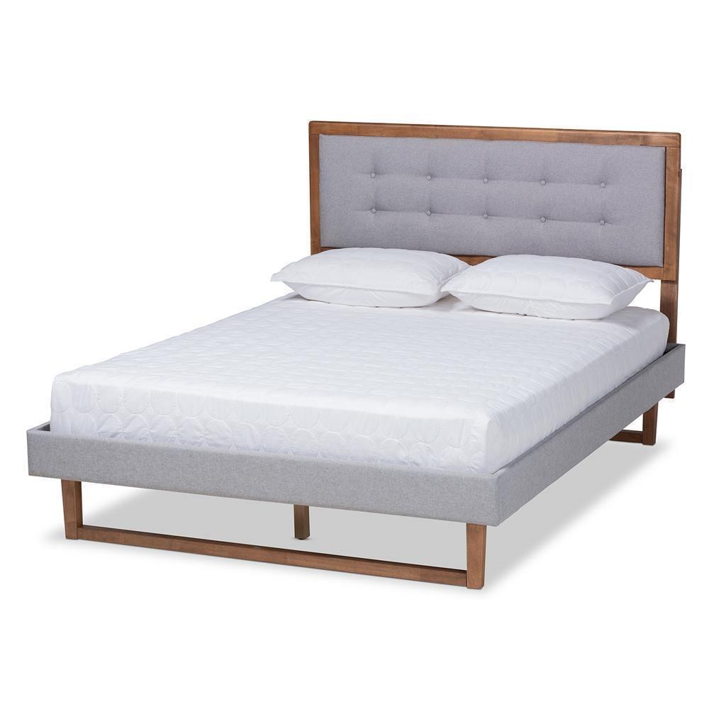 Livinia Modern Transitional Light Grey Fabric Upholstered and Ash Walnut Brown Finished Wood Queen Size Platform Bed FredCo