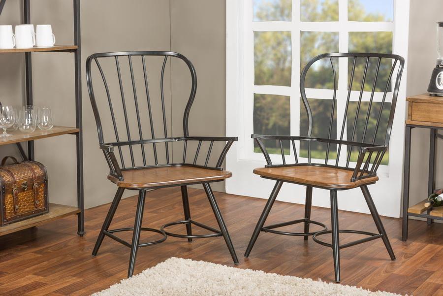 Longford "Dark-Walnut" Wood and Black Metal Vintage Industrial Dining Arm Chair (Set of 2) FredCo