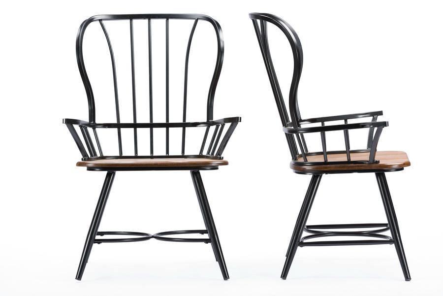 Longford "Dark-Walnut" Wood and Black Metal Vintage Industrial Dining Arm Chair (Set of 2) FredCo