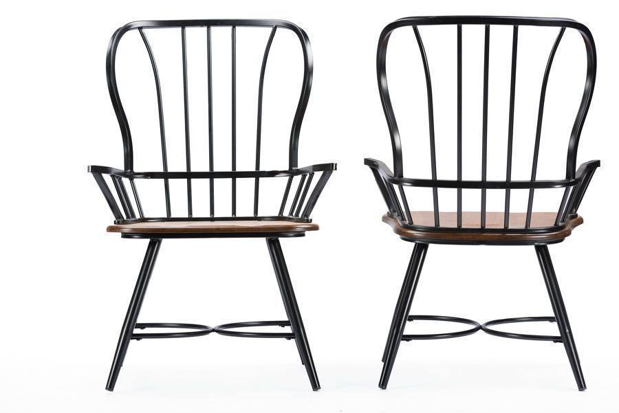 Longford "Dark-Walnut" Wood and Black Metal Vintage Industrial Dining Arm Chair (Set of 2) FredCo