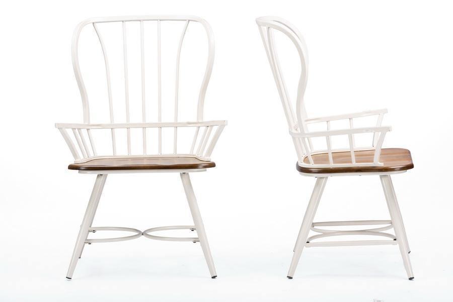 Longford "Dark-Walnut" Wood and White Metal Vintage Industrial Dining Arm Chair (Set of 2) FredCo