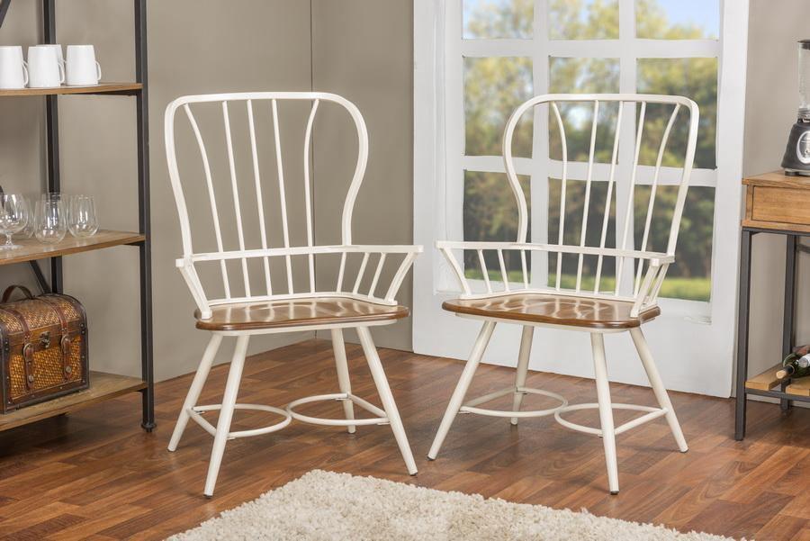 Longford "Dark-Walnut" Wood and White Metal Vintage Industrial Dining Arm Chair (Set of 2) FredCo