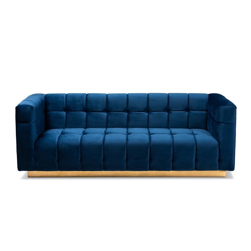 Loreto Glam and Luxe Navy Blue Velvet Fabric Upholstered Brushed Gold Finished Sofa FredCo