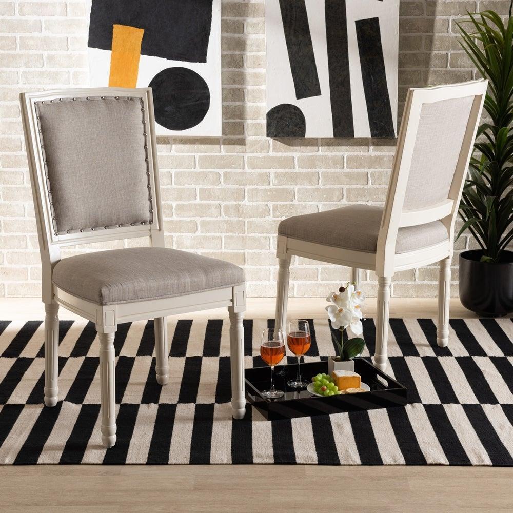 Louane Traditional French Inspired Grey Fabric Upholstered and White Finished Wood 2-Piece Dining Chair Set FredCo