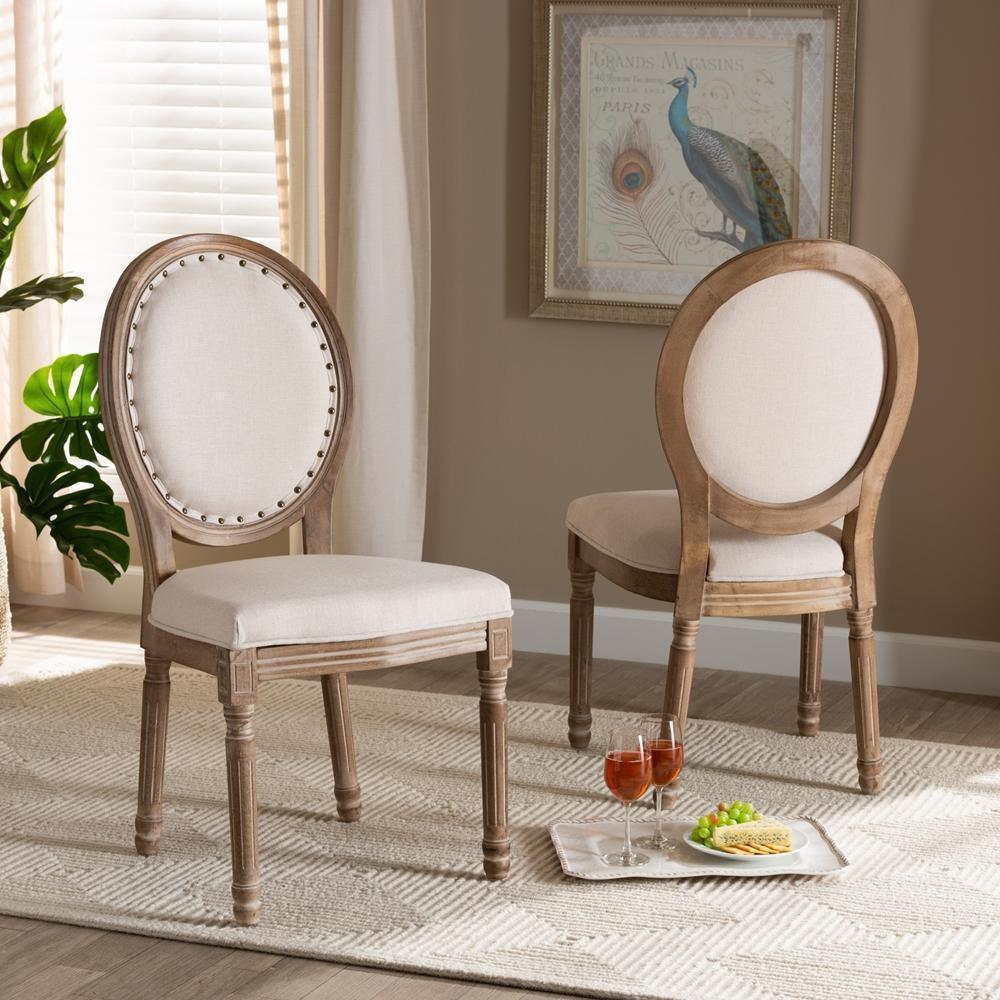 Louis Traditional French Inspired Beige Fabric Upholstered and Antique Brown Finished Wood 2-Piece Dining Chair Set FredCo