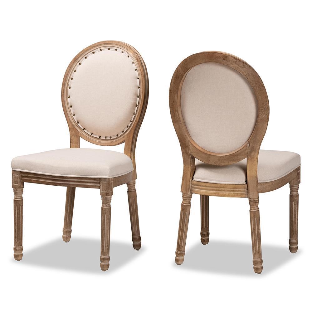 Louis Traditional French Inspired Beige Fabric Upholstered and Antique Brown Finished Wood 2-Piece Dining Chair Set FredCo