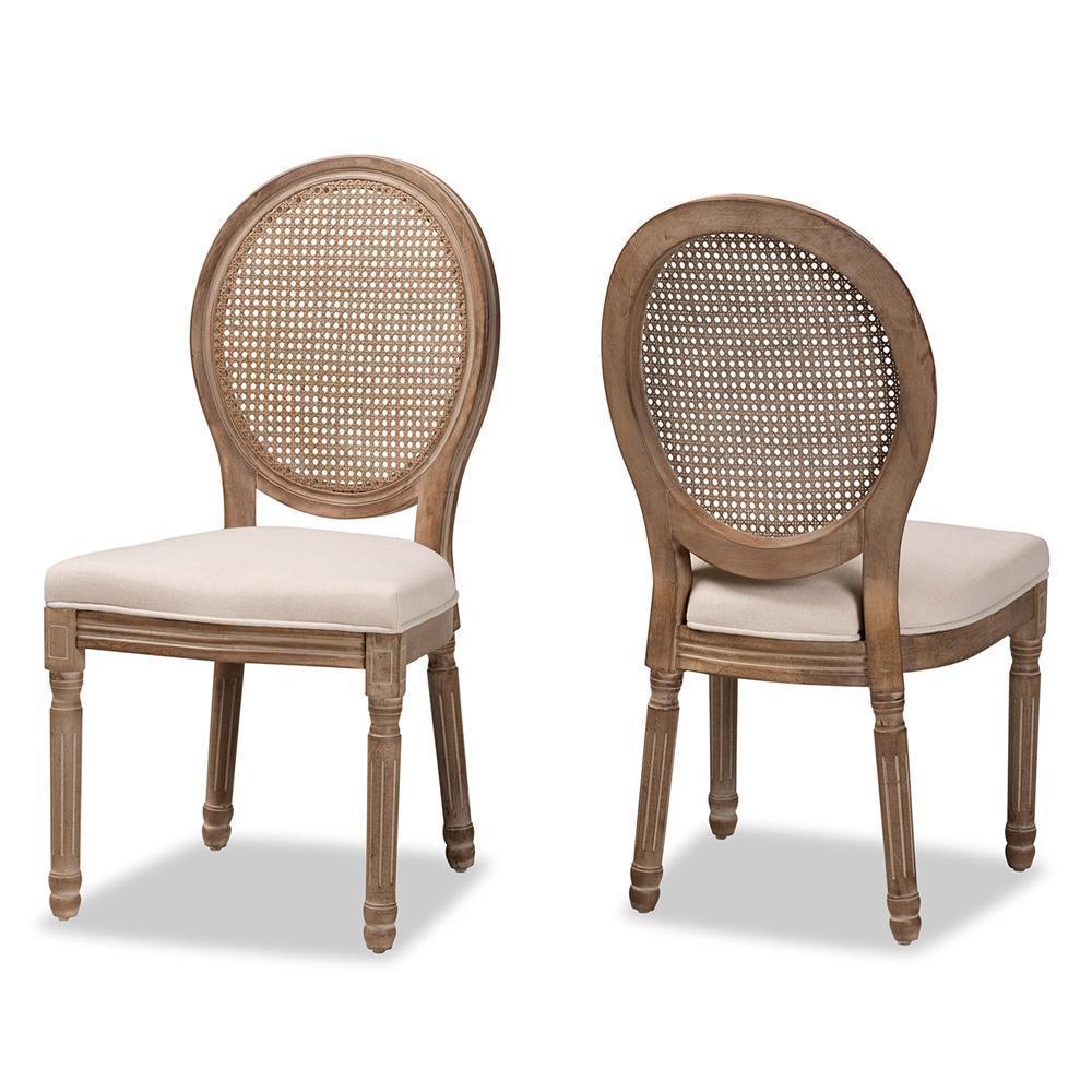Louis Traditional French Inspired Beige Fabric Upholstered and Antique Brown Finished Wood 2-Piece Dining Chair Set with Rattan FredCo