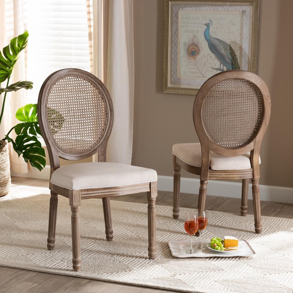 Louis Traditional French Inspired Beige Fabric Upholstered and Antique Brown Finished Wood 2-Piece Dining Chair Set with Rattan FredCo