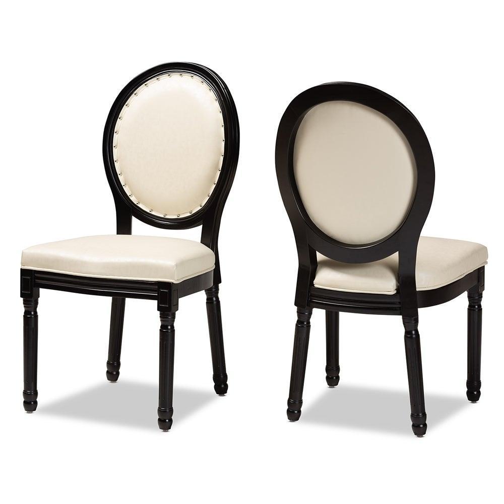 Louis Traditional French Inspired Beige Faux Leather Upholstered and Black Finished Wood 2-Piece Dining Chair Set FredCo