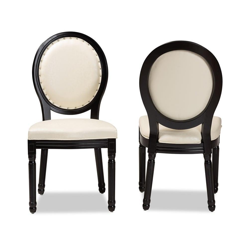 Louis Traditional French Inspired Beige Faux Leather Upholstered and Black Finished Wood 2-Piece Dining Chair Set FredCo