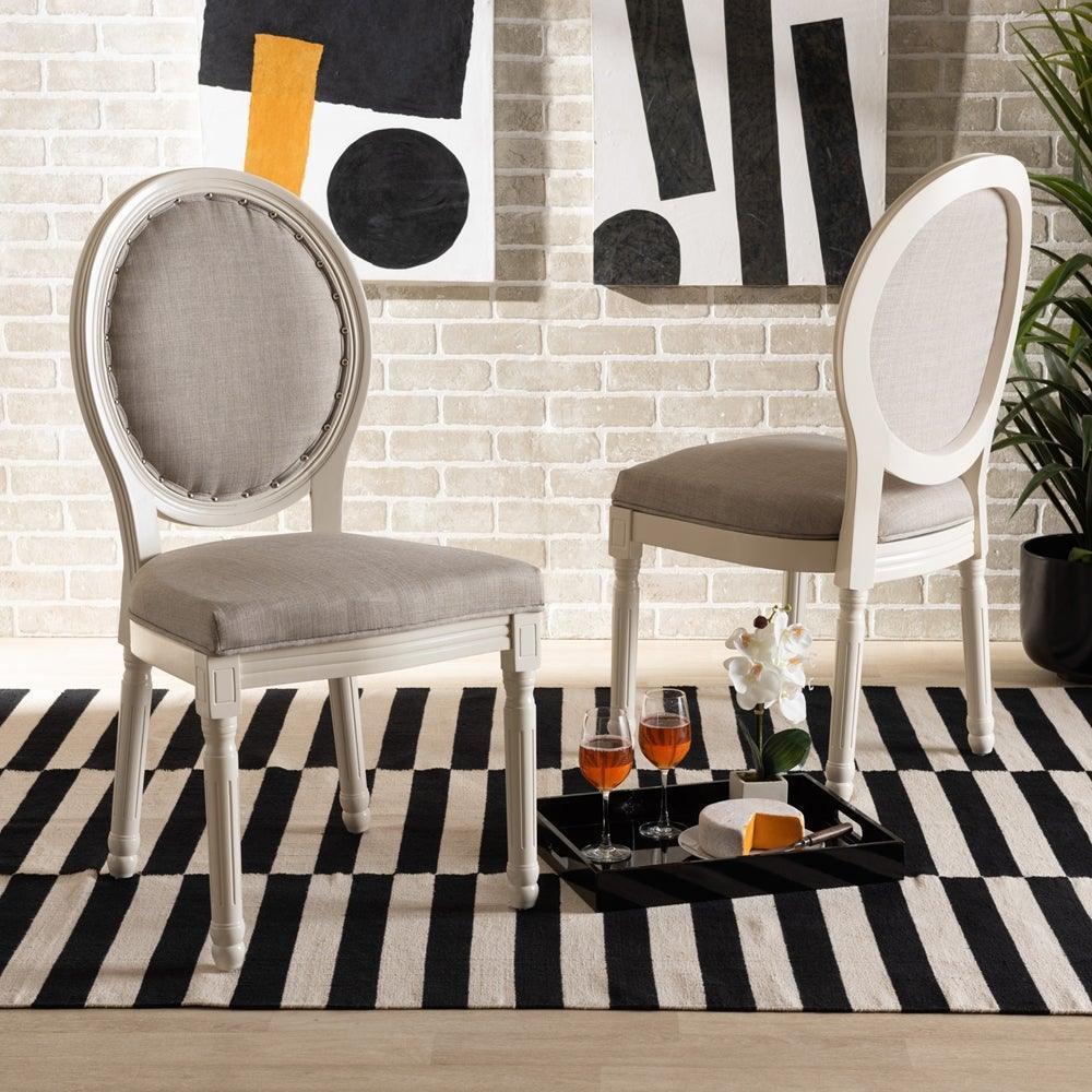 Louis Traditional French Inspired Grey Fabric Upholstered and White Finished Wood 2-Piece Dining Chair Set FredCo