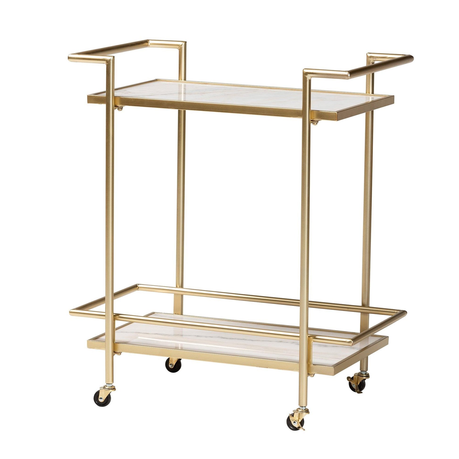 Louise Contemporary Glam and Luxe Gold Metal and White Marble 2-Tier Wine Cart FredCo