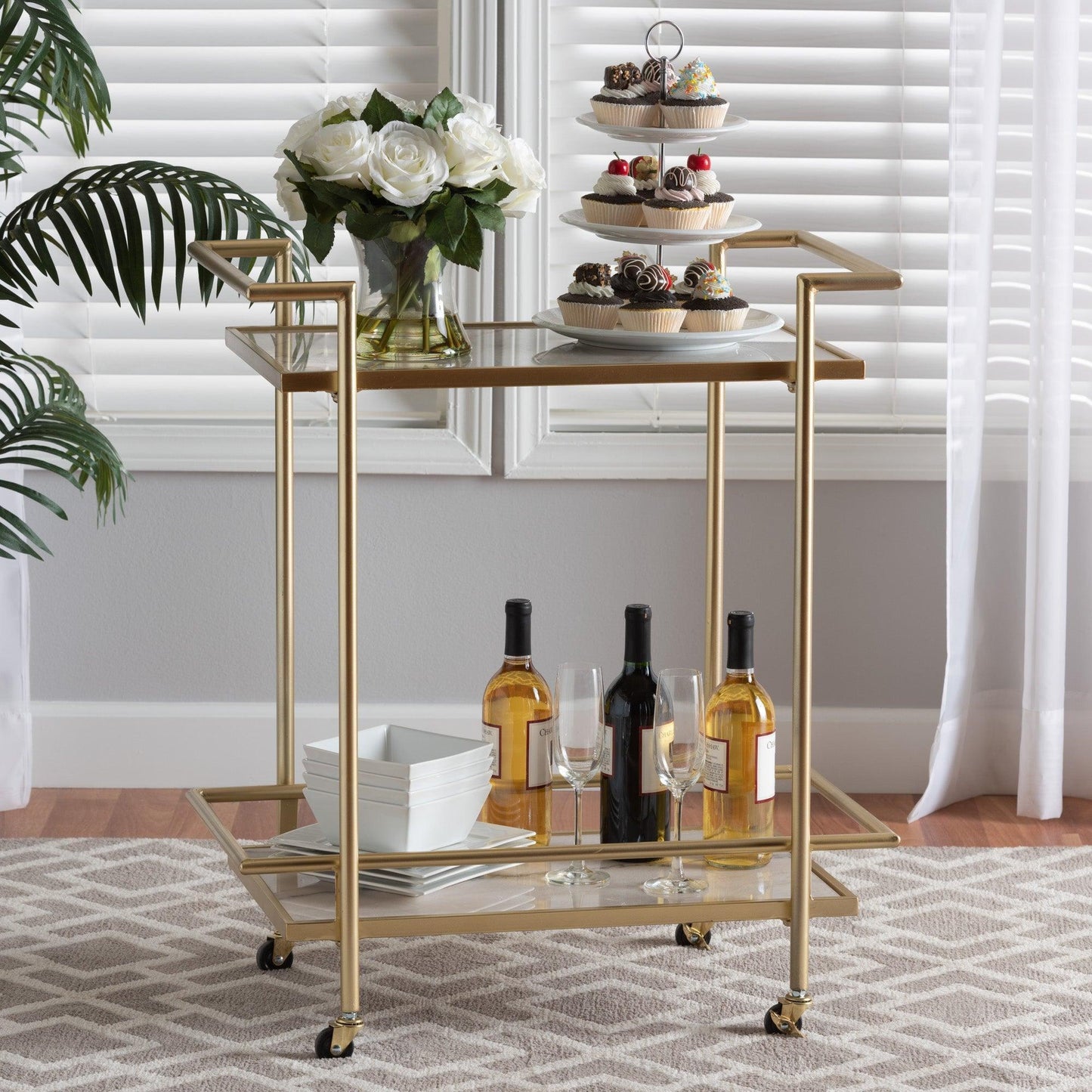 Louise Contemporary Glam and Luxe Gold Metal and White Marble 2-Tier Wine Cart FredCo