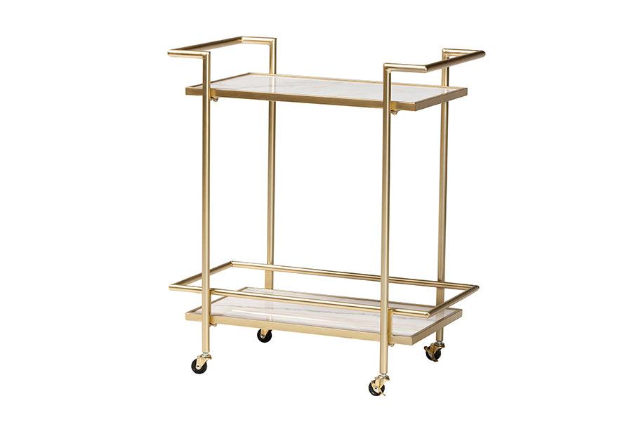 Louise Contemporary Glam and Luxe Gold Metal and White Marble 2-Tier Wine Cart FredCo