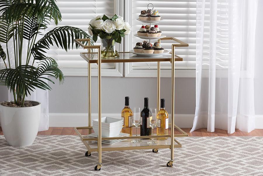 Louise Contemporary Glam and Luxe Gold Metal and White Marble 2-Tier Wine Cart FredCo