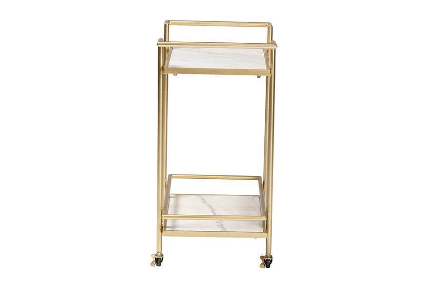 Louise Contemporary Glam and Luxe Gold Metal and White Marble 2-Tier Wine Cart FredCo