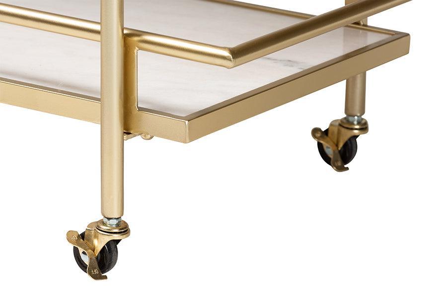 Louise Contemporary Glam and Luxe Gold Metal and White Marble 2-Tier Wine Cart FredCo