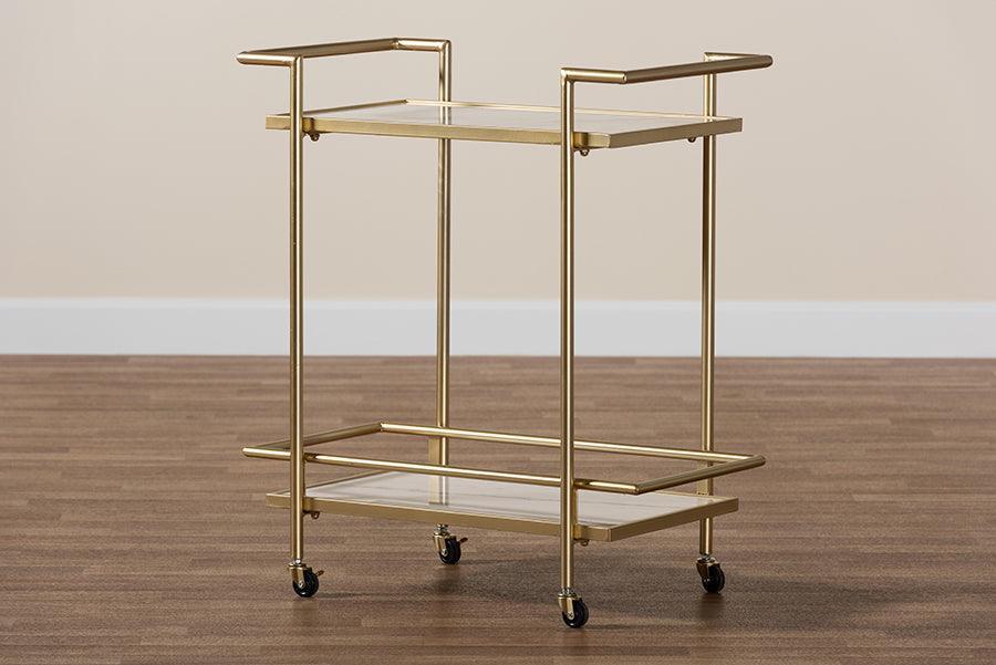 Louise Contemporary Glam and Luxe Gold Metal and White Marble 2-Tier Wine Cart FredCo