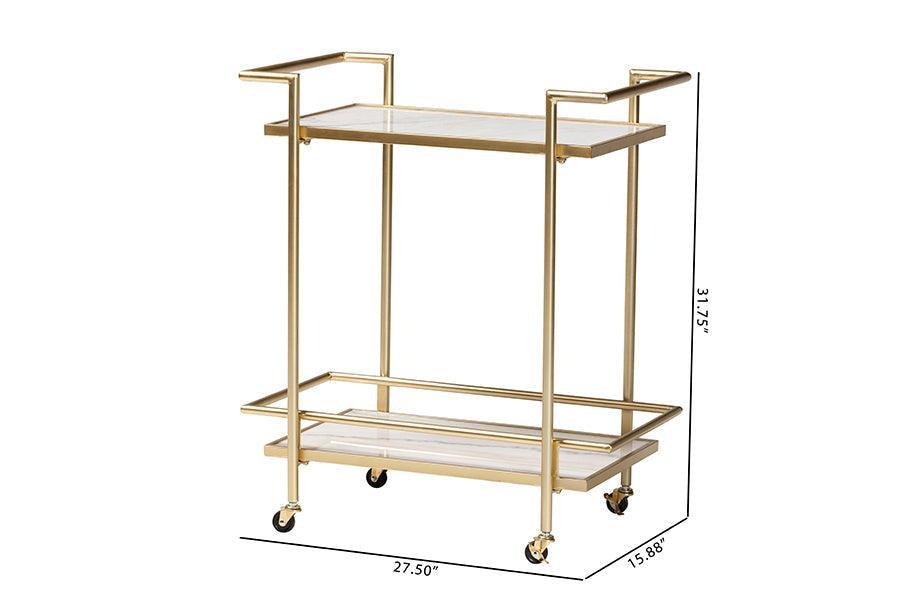 Louise Contemporary Glam and Luxe Gold Metal and White Marble 2-Tier Wine Cart FredCo