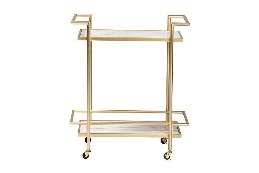 Louise Contemporary Glam and Luxe Gold Metal and White Marble 2-Tier Wine Cart FredCo