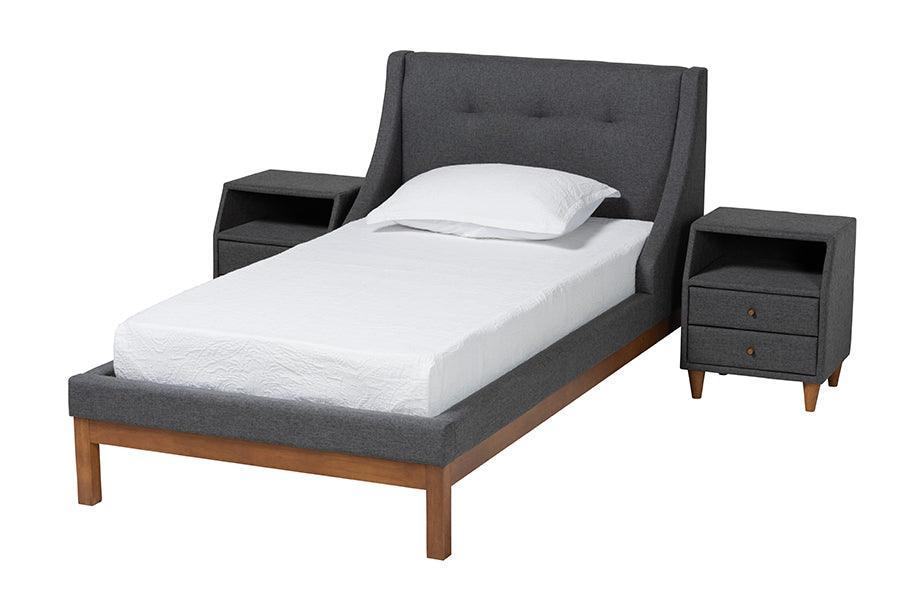 Louvain Mid-Century Modern Transitional Dark Grey Fabric Upholstered Twin Size 3-Piece Bedroom Set FredCo