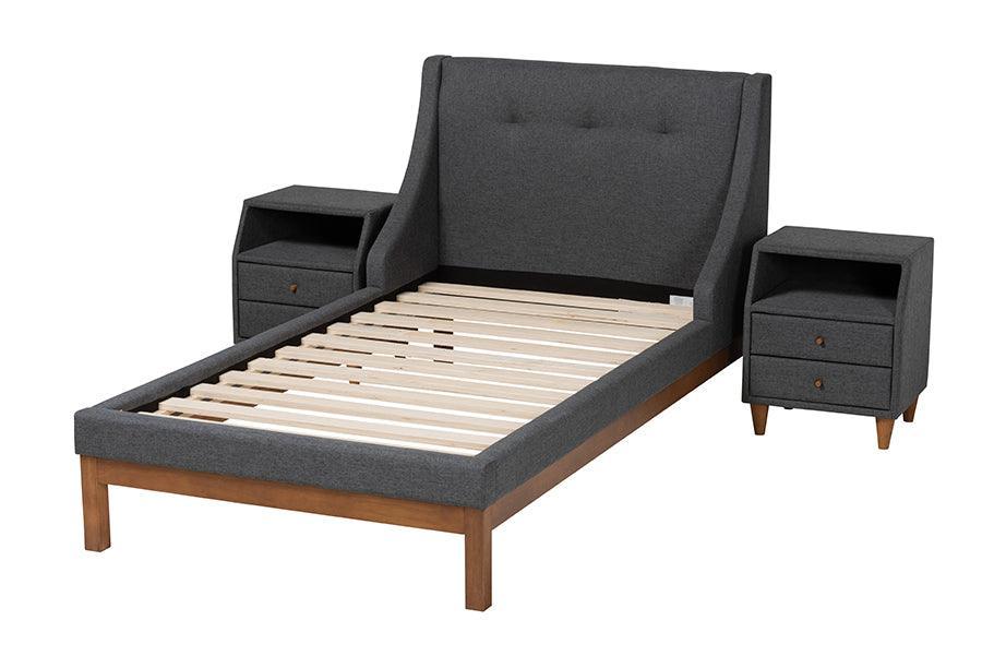 Louvain Mid-Century Modern Transitional Dark Grey Fabric Upholstered Twin Size 3-Piece Bedroom Set FredCo